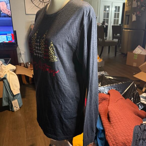 Merry Christmas Long Sleeve Graphic Tee, Buffalo Plaid & Leopard Trees, Large - Picture 2 of 6